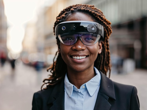 Portrait Of A Black Business Woman Smiling And Wearing An Augmented Reality Helmet