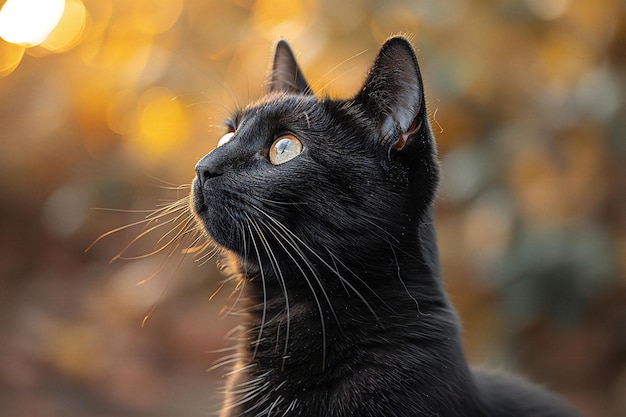 Portrait of a black cat on a background of autumn leaves