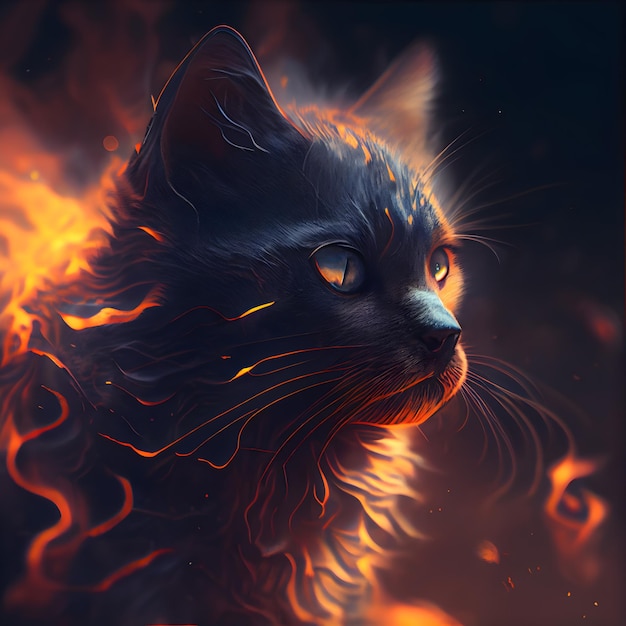 Photo portrait of a black cat on a background of fire digital painting