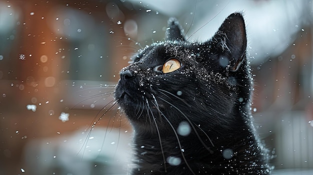 Portrait of a black cat in the snow cold and frost on the street