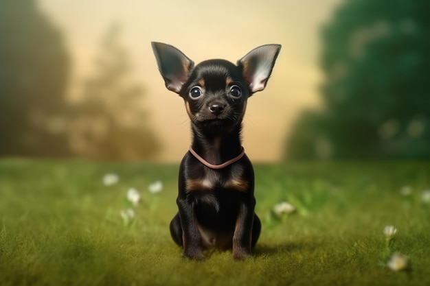 Portrait of black chihuahua puppy sits in green grass