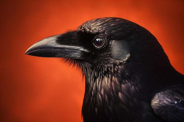 Portrait of a black crow on a red background Closeup