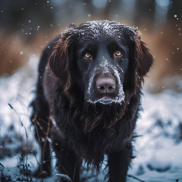 Portrait of a black dog on a background of the winter forest