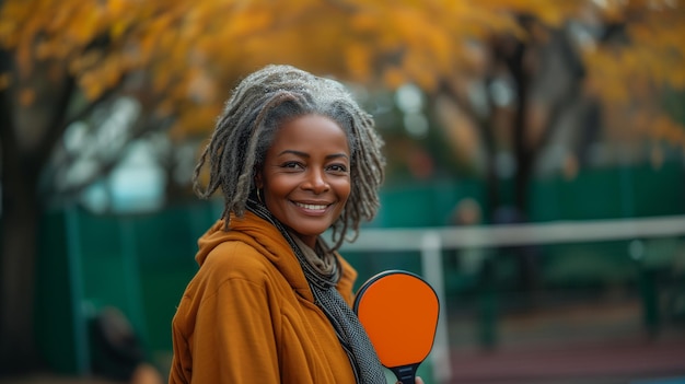 Portrait of black elderly lady with pickleball racket radiating positivity during outdoor match