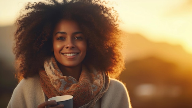 Portrait of a black female holding a cup of hot coffee against morning sunrise background