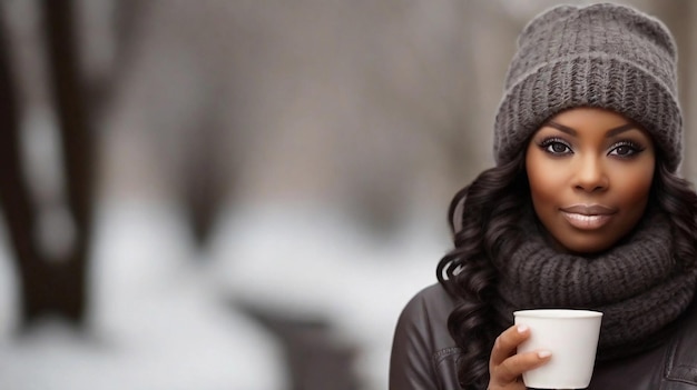 Portrait of a black female with a cup of hot coffee against winter background with space for text