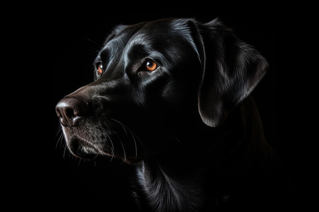 Portrait of a black labrador dog taken against a dark backdrop