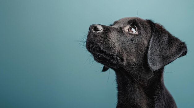 Portrait of a black Labrador retriever dog on a blue background