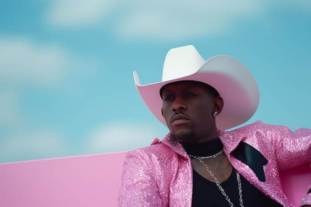 Portrait of a black man in a pink jacket and white hat on the background of the sky