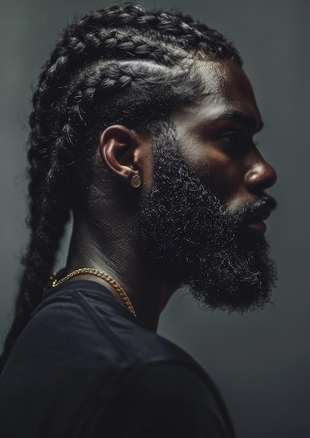 a portrait black man with a beard and a chain around his neck