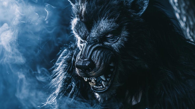 Photo portrait of a black scary werewolf in the smoke on a dark background