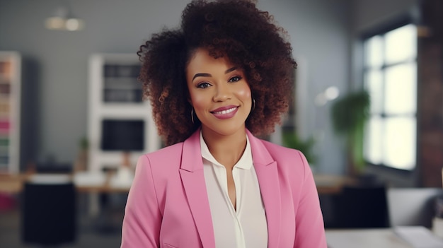 portrait of a black successful business woman smiling in a dark suit in the office