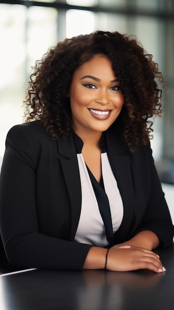 portrait of a black successful business woman smiling in a dark suit in the office