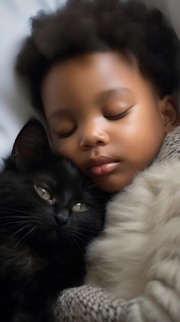 Photo portrait of a black toddler girl sleeps with her cat against white background with space for text