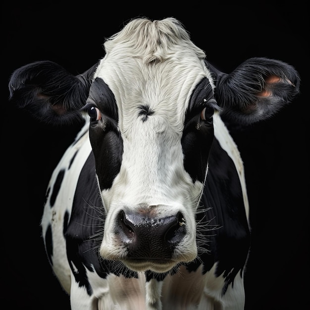 Portrait of a black and white cow on a black background