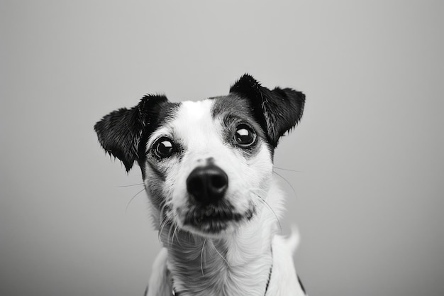 Photo portrait of black and white dog tilting head looking forward against a light gray background