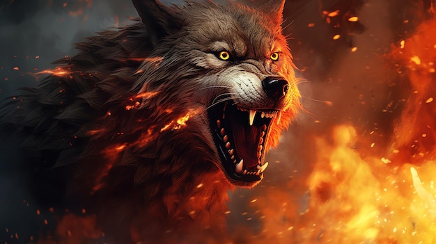 portrait of a black wolf in anger grin open mouth red eyes fiery background