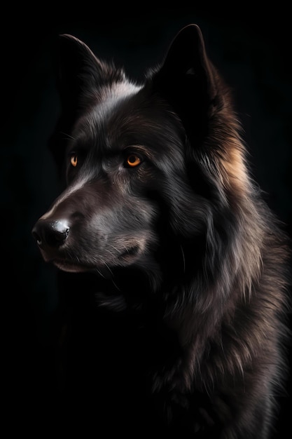 Portrait of a black wolf with a white stripe on his face