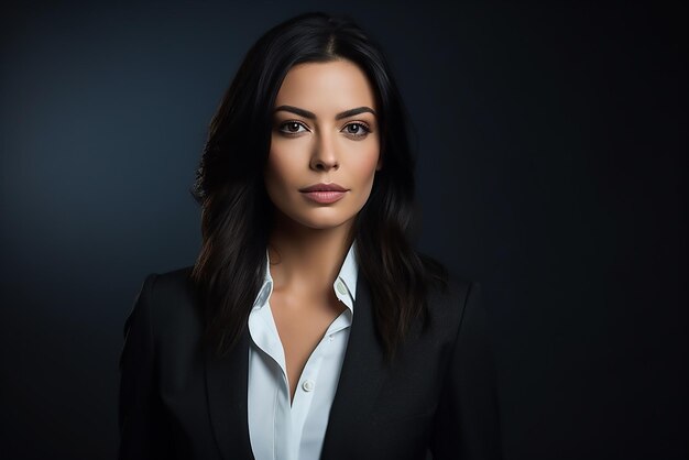 Portrait of a blackhaired business woman wearing a neat formal suit and shirt