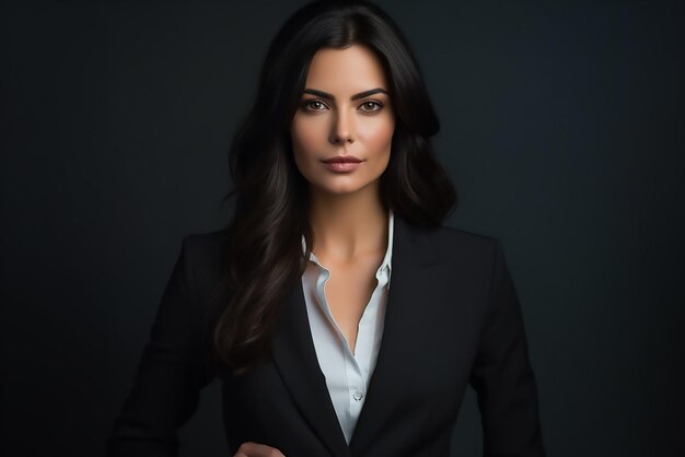 Portrait of a blackhaired business woman wearing a neat formal suit and shirt