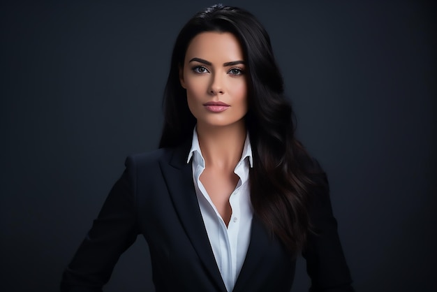 Portrait of a blackhaired business woman wearing a neat formal suit and shirt