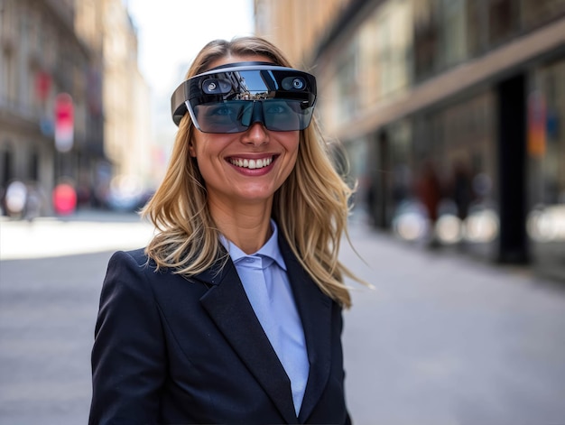 Portrait Of A Blonde Business Woman Smiling And Wearing An Augmented Reality Helmet