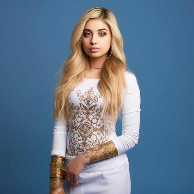 Portrait of a Blonde Woman in a White Long Tshirt and a Charming Tattoo on Her Hand