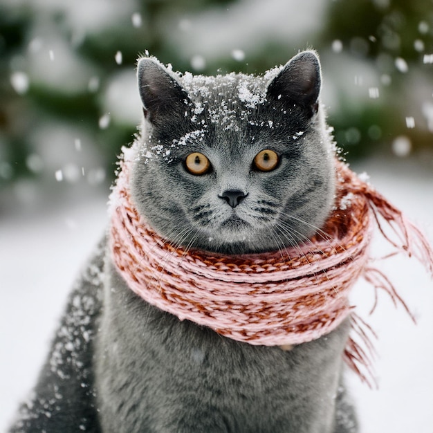 Photo portrait of a blue british shorthair cat wearing the knitted scarf cat sitting outside in the snow