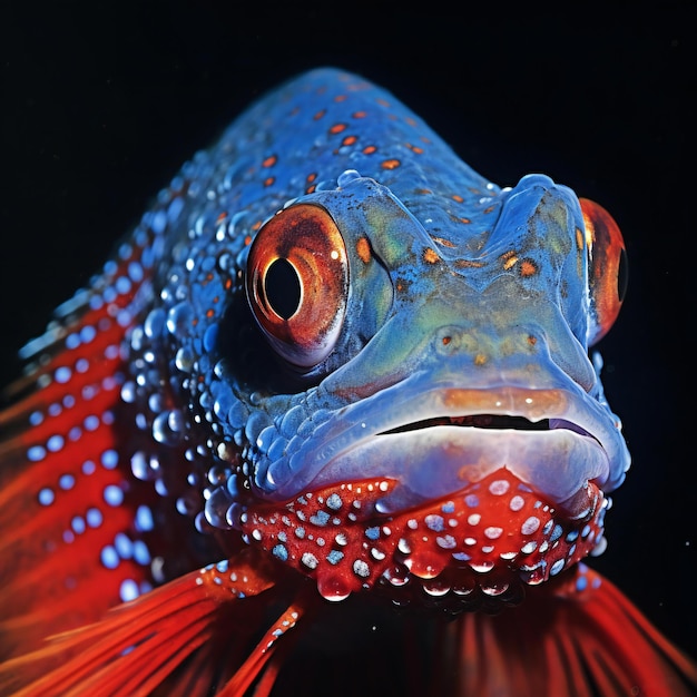 Portrait of a blue and red betta fish on black background