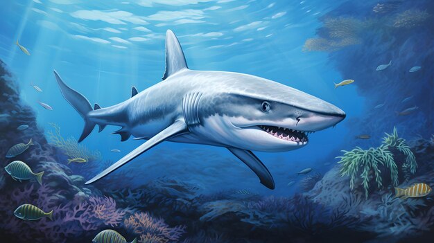 Portrait of a blue shark as it swims along an array