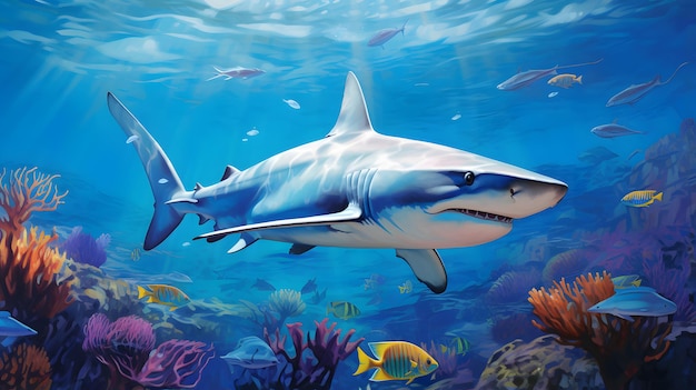 Portrait of a blue shark as it swims along an array