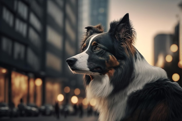 Portrait Border Collie dog in city generative AI digital art