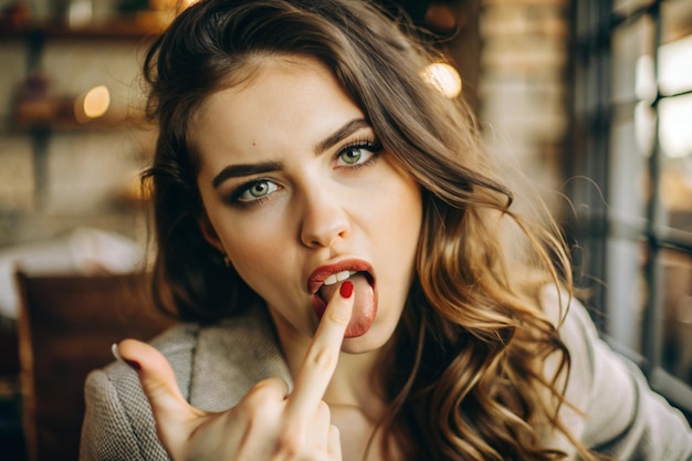 Photo portrait of bored displeased young woman pointing finger at her tongue