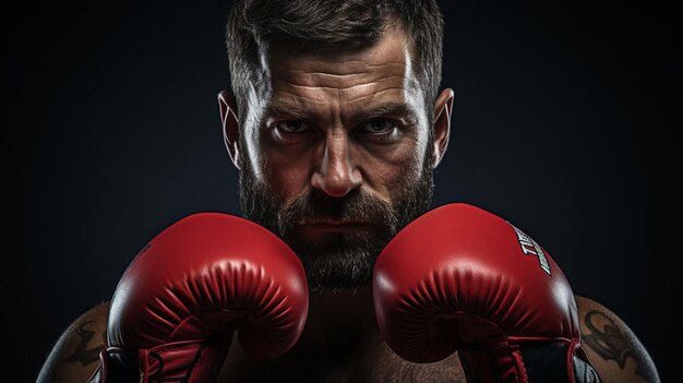 portrait of a boxer in a boxing gloves with a beard on his head