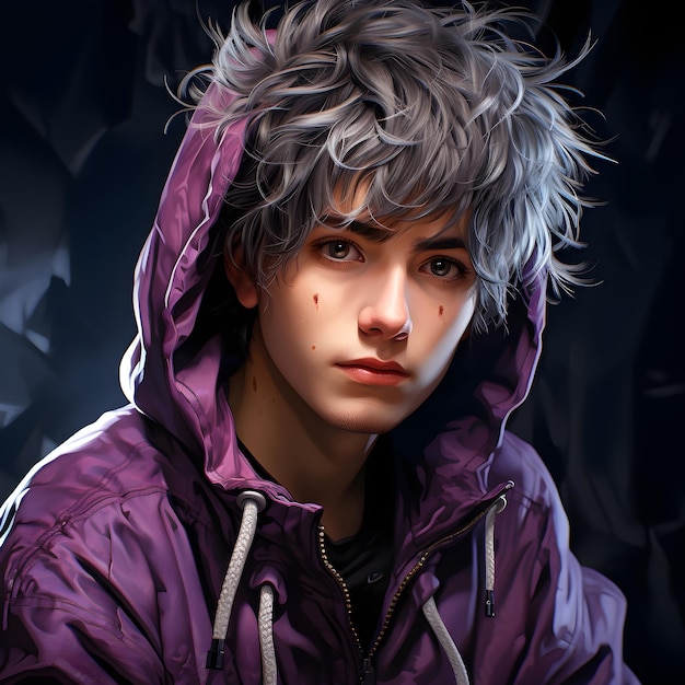 Portrait of a boy having long hairs wearing a purple hoodie