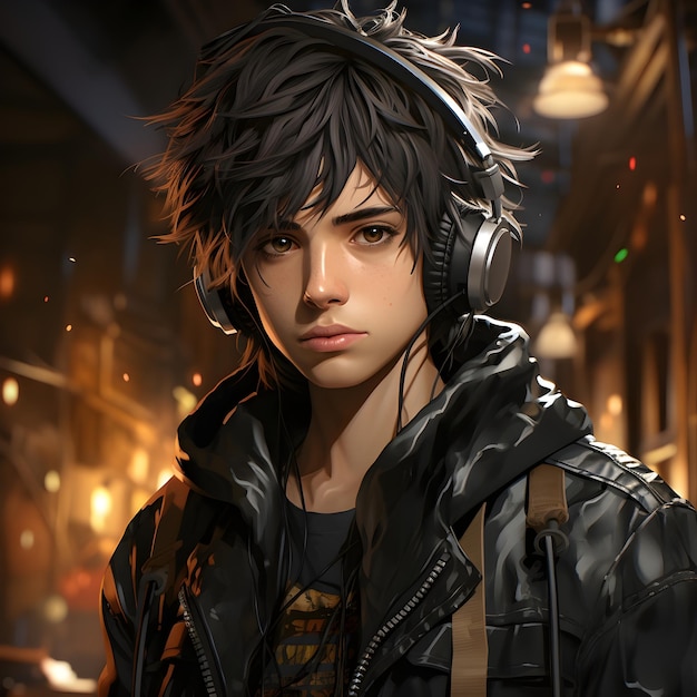 Portrait of a boy wearing black jacket and headphones on a street