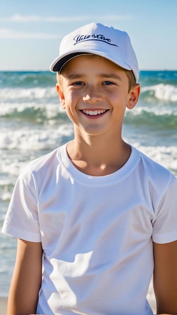 Portrait of a boy in a white tshirt wearing hat smiling standing on the beach