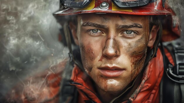 Portrait of a brave firefighter in protective gear including a helmet goggles and oxygen mask standing amidst a blazing fire