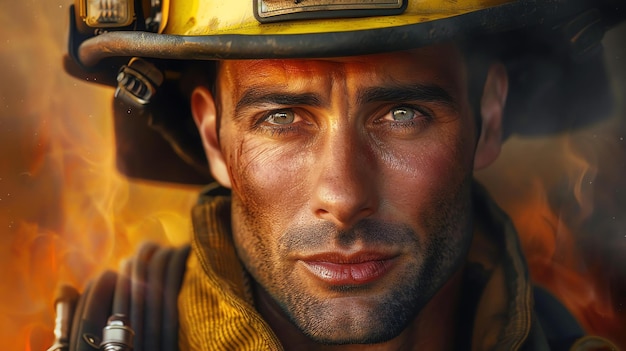 Portrait of a brave firefighter in protective gear standing in front of a blazing fire His face is determined and focused as he battles the flames