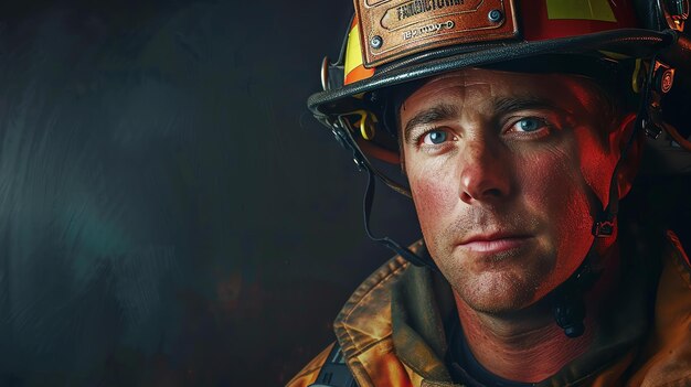 Portrait of a brave firefighter wearing a protective helmet and fireresistant gear staring with determination into the camera