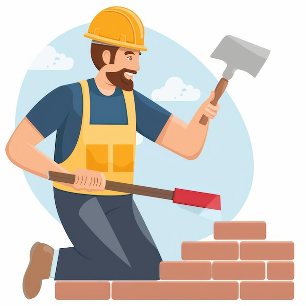 Portrait of Bricklayer Working Vector Illustration