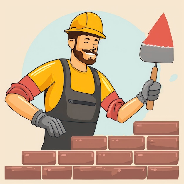 Portrait of Bricklayer Working Vector Illustration