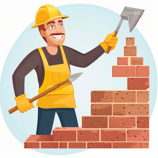 Portrait of Bricklayer Working Vector Illustration