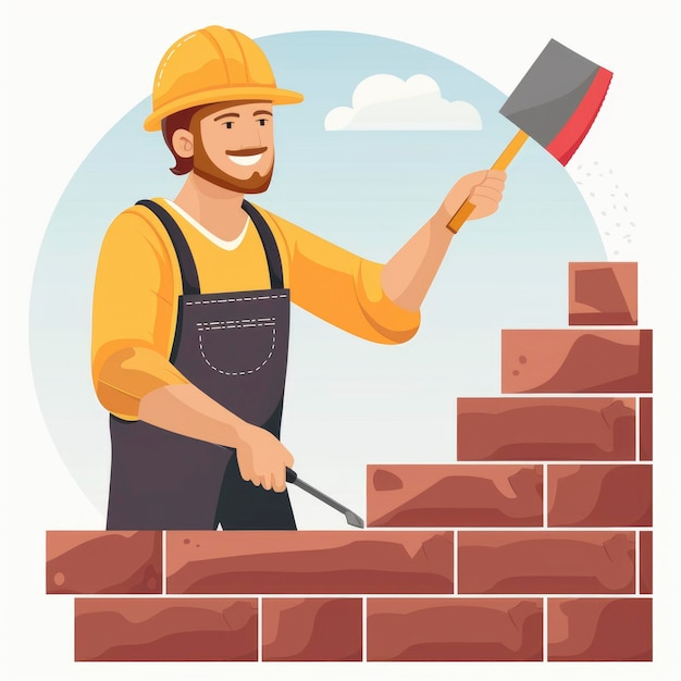 Portrait of Bricklayer Working Vector Illustration