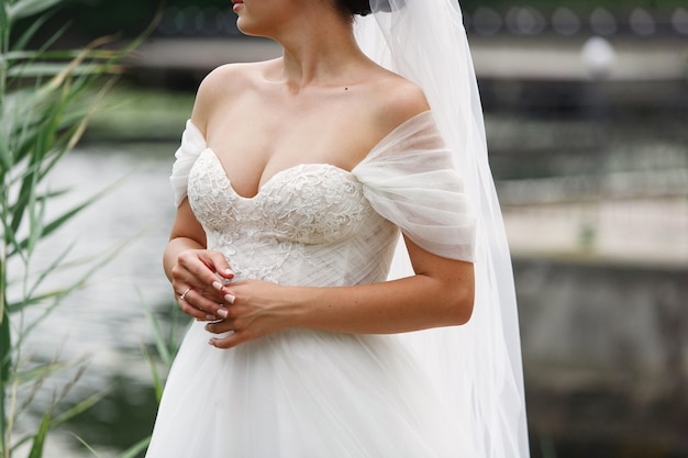 portrait the bride in beautiful wedding dress with neckline and long veil outdoors wedding day