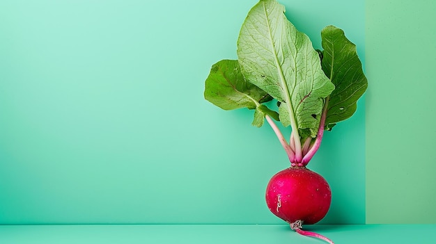 Photo portrait of bright crunchy radish isolated on flat color background