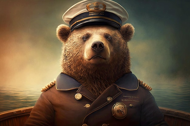 Portrait of brown bear dressed as a sea captain at the helm generative ai