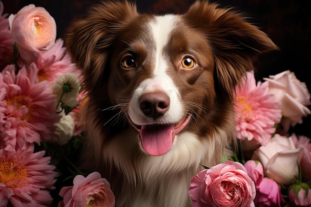 Portrait of brown with white dog Cute dog with flowers closeup front view