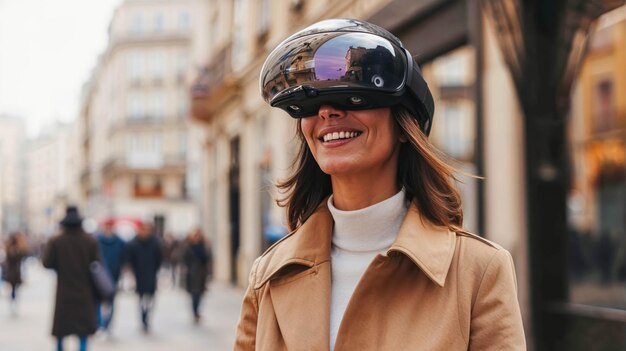 Portrait Of A Brunette Business Woman Smiling And Wearing An Augmented Reality Helmet