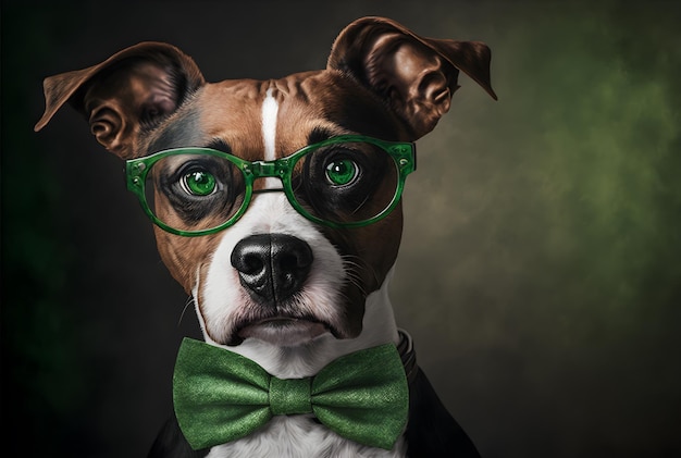 Portrait of a bull terrier pitbull mix wearing a leprechaun hat, wig and glasses St Patrick's Day